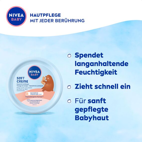 NIVEA BABY Soft Pflegecreme, vegane und hypoallergene Hautcreme, feuchtigkeitsspendende Creme für Babys mit Mandelöl & Vitaminen, Babypflege ohne Mikroplastik und Parabene (200 ml)