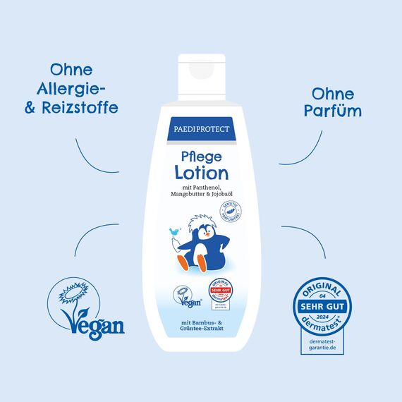 PAEDIPROTECT Pflegelotion Babys & Kinder 200 ml, Pflegelotion mit Panthenol, Feuchtigkeitspflege mit Jojobaöl & Mangobutter, für empfindliche und trockene Baby- und Kinderhaut, vegane Lotion
