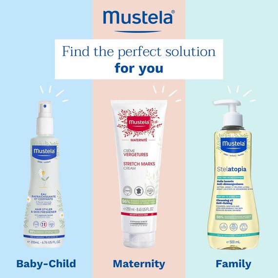 Mustela Erfrischendes Wasser mit Bio-Avocado-Perseose und Kamille, Haut und Haar, Babys und die ganze Familie - duftet die Haut, entwirrt das Haar, 98% Inhaltsstoffe natürlichen Ursprungs (200ml)