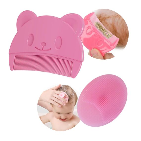 2 Stück Baby kamm und Badebürste für milchschorf, Neugeborene Haarkamm, Weichen Massagebürste Haarbürste, schorfkamm, kamm gegen milchschorf baby Entfernen kind (Rosa – Kamm und Bürste)
