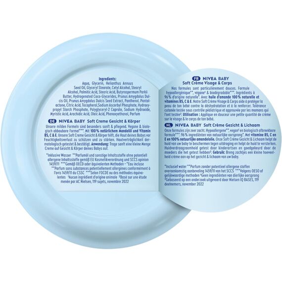 NIVEA BABY Soft Pflegecreme, vegane und hypoallergene Hautcreme, feuchtigkeitsspendende Creme für Babys mit Mandelöl & Vitaminen, Babypflege ohne Mikroplastik und Parabene (200 ml)