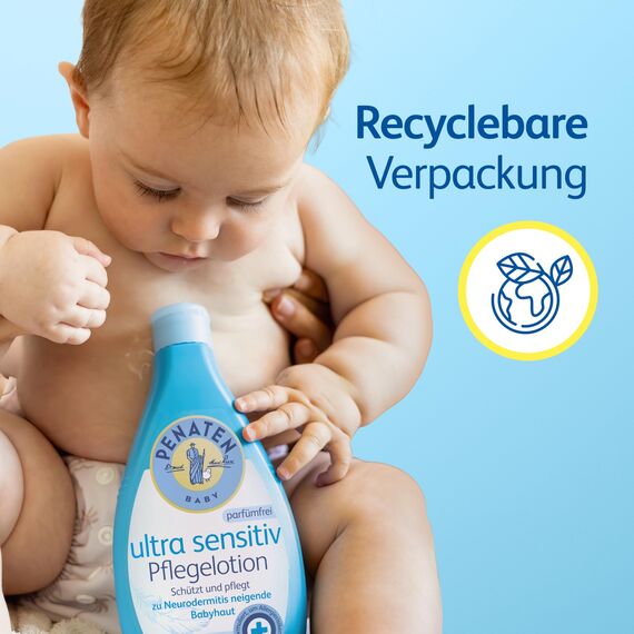 PENATEN Ultra Sensitiv Pflegelotion parfümfrei 400ml, ohne Farbstoffe formulierte Baby Bodylotion für die Pflege zu Neurodermitis neigender Babyhaut, Körperlotion speziell für Neugeborene entwickelt