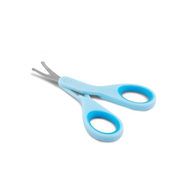 Chicco Nagelschere für Babys und Kinder, Edelstahl-Babyschere mit gebogenen Klingen und abgerundeten Spitzen, Schutzhülle, rutschfester Gummigriff Babyzubehör für Neugeborene ab 0 Monaten Blau 1 Stück (1er Pack)