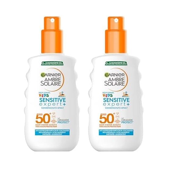 Garnier Sonnencreme LSF 50+ für Kinder, Wasserfest und resistent gegen Sand, Ambre Solaire Kids Sensitive expert+ Sonnenschutzspray, 1 x 150 ml (Packung mit 2)