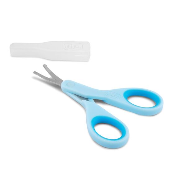 Chicco Nagelschere für Babys und Kinder, Edelstahl-Babyschere mit gebogenen Klingen und abgerundeten Spitzen, Schutzhülle, rutschfester Gummigriff Babyzubehör für Neugeborene ab 0 Monaten Blau 1 Stück (1er Pack)