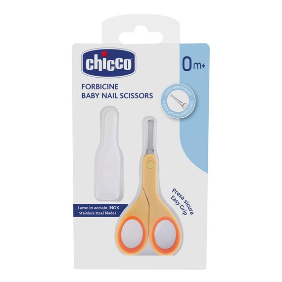 Chicco Nagelschere für Babys und Kinder, Edelstahl-Babyschere mit gebogenen Klingen und abgerundeten Spitzen, Schutzhülle, rutschfester Gummigriff - Babyzubehör für Neugeborene ab 0 Monaten