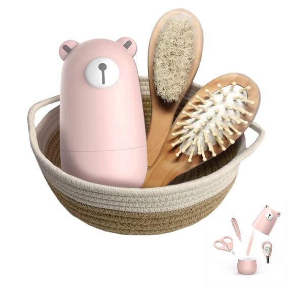 Baby 7 in 1 Pflegeset, Nagelschere, Nagelfeile, Pinzette, Naturholz-Haarkamm, Aufbewahrungskorb，für Kinder und Neugeborene in einer schönen Geschenkbox.
