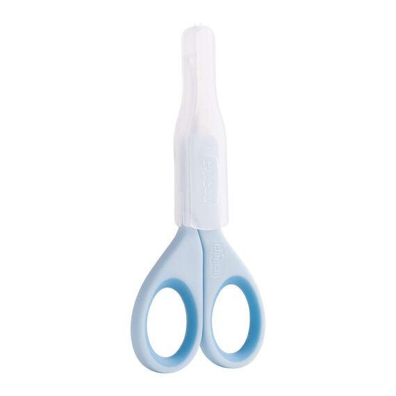 Chicco Nagelschere für Babys und Kinder, Edelstahl-Babyschere mit gebogenen Klingen und abgerundeten Spitzen, Schutzhülle, rutschfester Gummigriff Babyzubehör für Neugeborene ab 0 Monaten Blau 1 Stück (1er Pack)