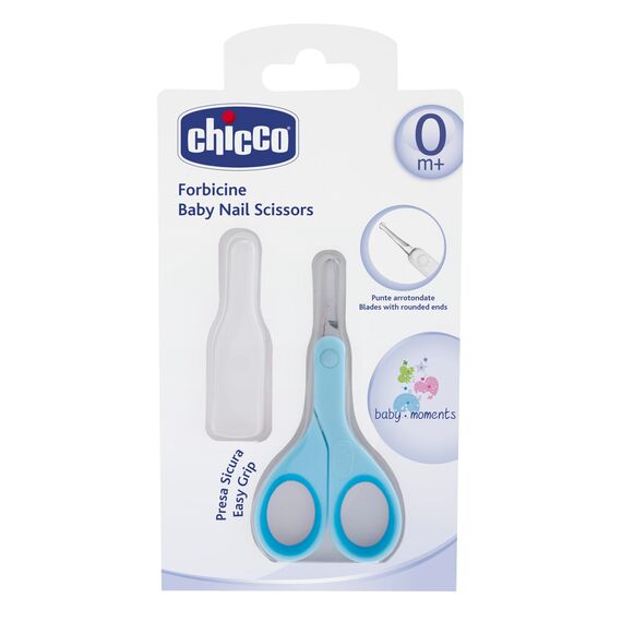 Chicco Nagelschere für Babys und Kinder, Edelstahl-Babyschere mit gebogenen Klingen und abgerundeten Spitzen, Schutzhülle, rutschfester Gummigriff Babyzubehör für Neugeborene ab 0 Monaten Blau 1 Stück (1er Pack)