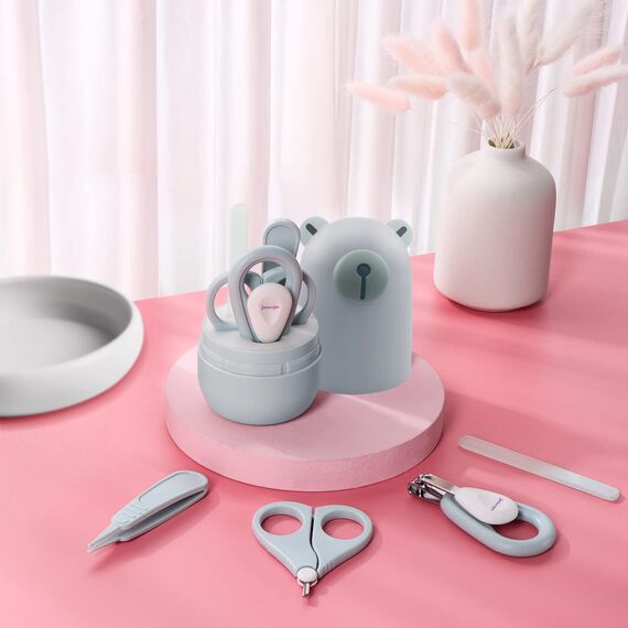 Baby 6 in1 Pflege-Set, natürliche hölzerne Haarbürste und Kamm Nagelschere, Nagelfeile und Pinzette für Kinder und Neugeborene in süßer Geschenk-Verpackung