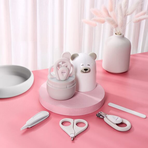 Baby 6 in1 Pflege-Set, natürliche hölzerne Haarbürste und Kamm Nagelschere, Nagelfeile und Pinzette für Kinder und Neugeborene in süßer Geschenk-Verpackung