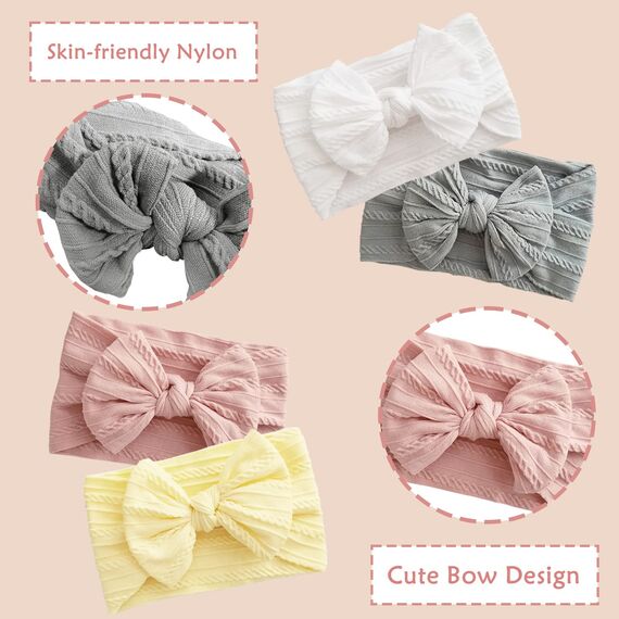 4 Stück Baby Turban Stirnband Baby Mädchen Nylon Stirnbänder Baby Schleife Stirnband Weiche Schleife Kopfbedeckung Elastische Haarbänder für Neugeborene, Kleinkinder