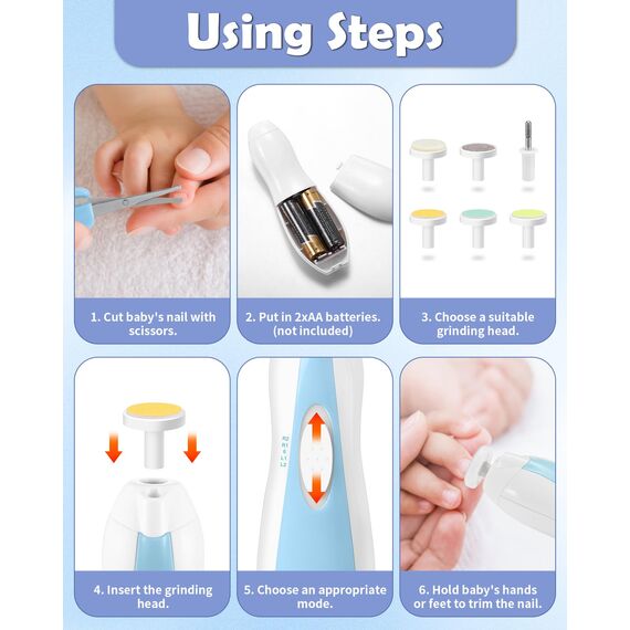 Lictin Baby Nagelfeile Elektrisch, Elektrische Nagelfeile mit 6 Schleifkopf, 26 in 1 Baby Nagelset mit LED Licht, Nagelpflegeset Elektrisch für Babys, Kleinkind, Erwachsene, USB Laden, Hellblau