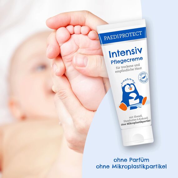 PAEDIPROTECT Intensiv Pflegecreme 75ml, spendet Feuchtigkeit bei trockener & gereizter Haut, lindert Juckreiz und beugt Entzündungen vor, parfümfreie Baby Creme für Gesicht, Körper & Hände, vegan