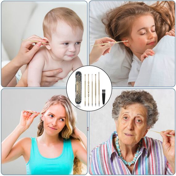 Hion Ohrenreiniger, Ohrenschmalz Entferner 6 in1 Medizinischer Ohrreiniger aus Edelstahl mit Aufbewahrungskiste Ear Cleaner, Geeignet für Kinder Jugendliche und Erwachsene(Gold)