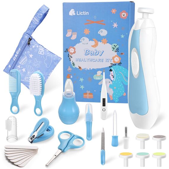 Lictin Baby Nagelfeile Elektrisch, Elektrische Nagelfeile mit 6 Schleifkopf, 26 in 1 Baby Nagelset mit LED Licht, Nagelpflegeset Elektrisch für Babys, Kleinkind, Erwachsene, USB Laden, Hellblau