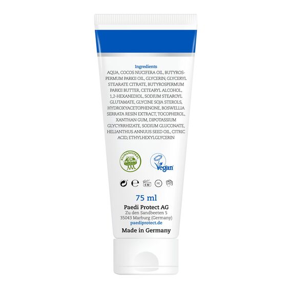 PAEDIPROTECT Intensiv Pflegecreme 75ml, spendet Feuchtigkeit bei trockener & gereizter Haut, lindert Juckreiz und beugt Entzündungen vor, parfümfreie Baby Creme für Gesicht, Körper & Hände, vegan