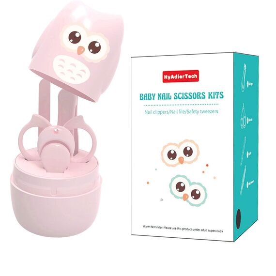 HyAdierTech Babypflege Set mit Baby Nagelschere, für Fingernägel und Fußnägel mit Nagelknipser, Nagelschere, Nagelfeile und Pinzette für Kinder und Neugeborene in süßer Eule Geschenk-Verpackung