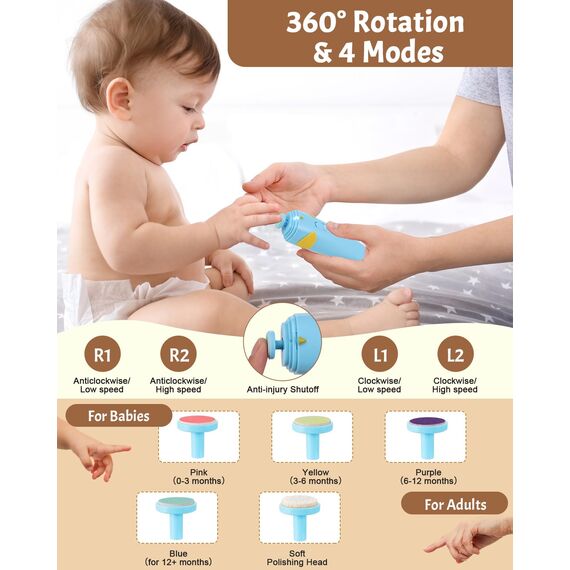 Lictin Elektrische Nagelfeile Baby, Wiederaufladbar Nagelfeile Baby, Nagelfeile Elektrisch mit Licht, Baby Nagelfeile mit 10 Schleifkopf Ersatzpads, Blau