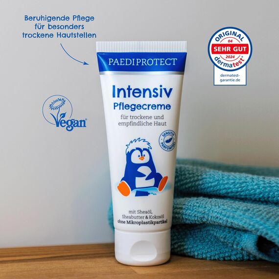 PAEDIPROTECT Intensiv Pflegecreme 75ml, spendet Feuchtigkeit bei trockener & gereizter Haut, lindert Juckreiz und beugt Entzündungen vor, parfümfreie Baby Creme für Gesicht, Körper & Hände, vegan