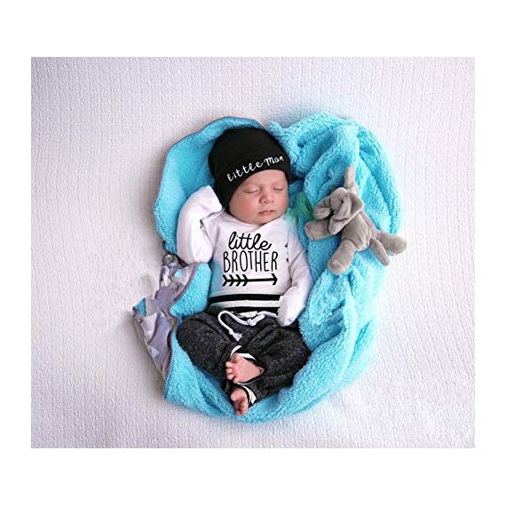 Geagodelia 3tlg Babykleidung Set Baby Jungen Langarm Body + Hose + Mütze Kleinkinder Neugeborene Weiche Warme Baumwolle Babyset Bekleidung (0-3 Monate, Little Brother (Weiß + Grau))