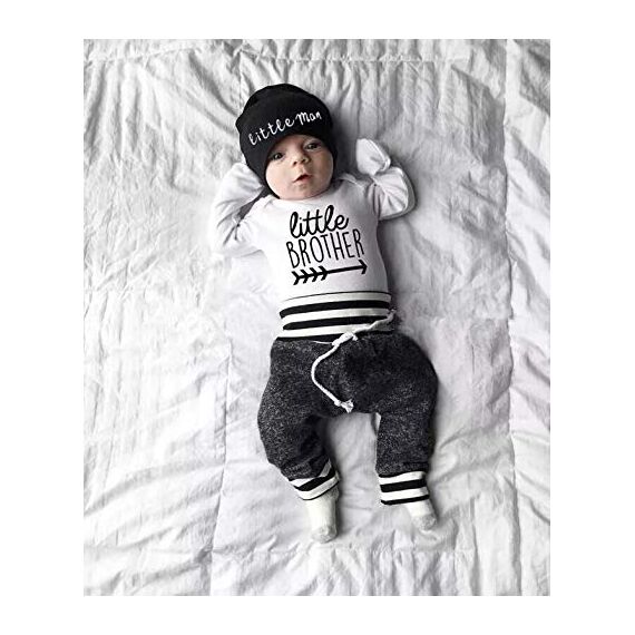 Geagodelia 3tlg Babykleidung Set Baby Jungen Langarm Body + Hose + Mütze Kleinkinder Neugeborene Weiche Warme Baumwolle Babyset Bekleidung (0-3 Monate, Little Brother (Weiß + Grau))