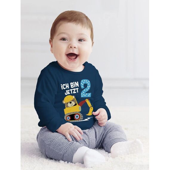 MoonWorks® Baby Langarm-Shirt erster | zweiter Geburtstag Bär Bagger Bauarbeiter Baggerfahrer Geburtstagsshirt Bio-Baumwolle Junge 2 Jahre Navy 92/98 (16-24-Monate)