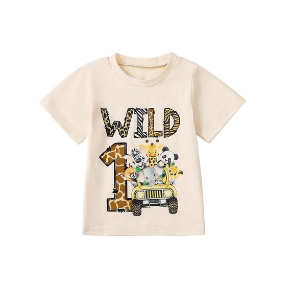 Baby Junge 1. Jahr Geburtstags T-Shirt Wild One Kurzarm Oberteil Baby Mein Erster Geburtstags Outfit Sommer Kleidung (Wild 1 Tiere Khaki, 12-24 Months)
