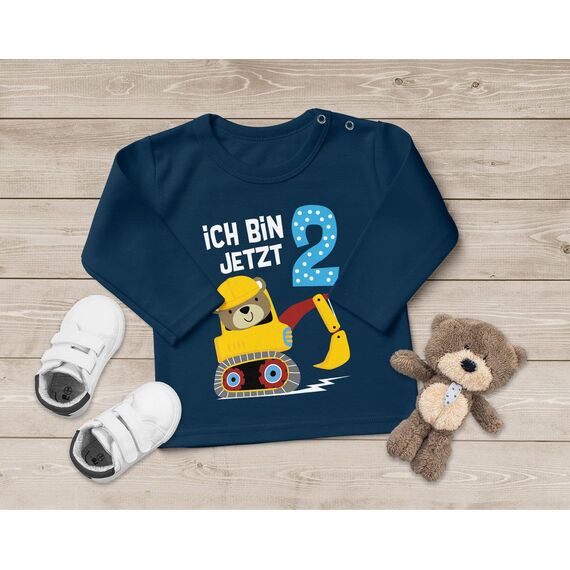 MoonWorks® Baby Langarm-Shirt erster | zweiter Geburtstag Bär Bagger Bauarbeiter Baggerfahrer Geburtstagsshirt Bio-Baumwolle Junge 2 Jahre Navy 92/98 (16-24-Monate)