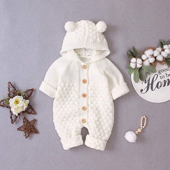 Odizli Neugeborene Baby Mädchen Jungen Kleidung Langarm Gestrickt Kapuze Strampler Body Overall Jacke Frühchenkleidung Erstausstattung Babysachen Set Herbst Winter Babykleidung Weiß 0-6 Months