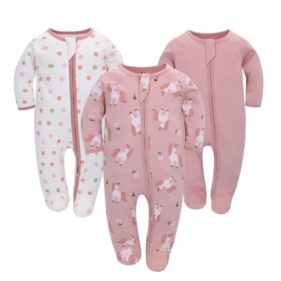 Neugeborenes Baby Jungen Mädchen Strampler mit Fuß Baby Schlafanzug Einteilige Lange Ärmel Overall Säuglings Frühling Herbst Body, 3er-Pack (Rosa, 0-3M)