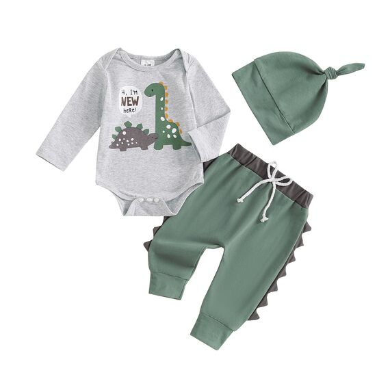 Hello Im New Here Neugeborene Baby Junge Kleidung Set Dinosaurier Druck Langarm Body und Hose Baumwolle Babykleidung Set Herbst Winter Bekleidungssets für Baby Jungen Outfits (Grau, 3-6 Monate)