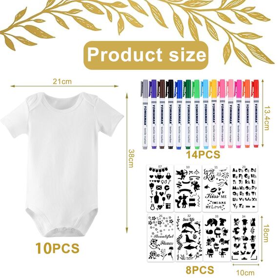 LOEPENLE 10er Set Bemalen Kurzarm Baby Body,Bemalen Babyparty, Baby mit 8 Kurzarmbody mit 8 Kurzarmbody+14 Bunte Textilstift+8 Schablonen für Babyparty Spiele Babyshower Strampler