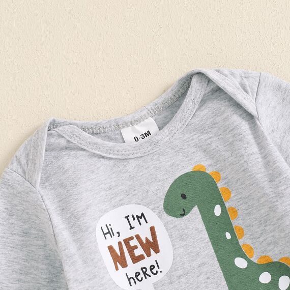 Hello Im New Here Neugeborene Baby Junge Kleidung Set Dinosaurier Druck Langarm Body und Hose Baumwolle Babykleidung Set Herbst Winter Bekleidungssets für Baby Jungen Outfits (Grau, 3-6 Monate)