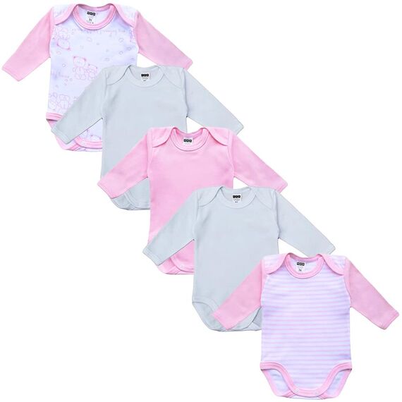 MEA BABY Unisex Langarm Body aus 100% Baumwolle im 5er Pack, Mit Aufdruck für Mädchen und Jungen (62, Mädchen)