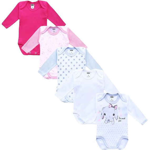 MEA BABY Unisex Langarm Body aus 100% Baumwolle im 5er Pack, Mit Aufdruck für Mädchen und Jungen (68, Mädchen 2)