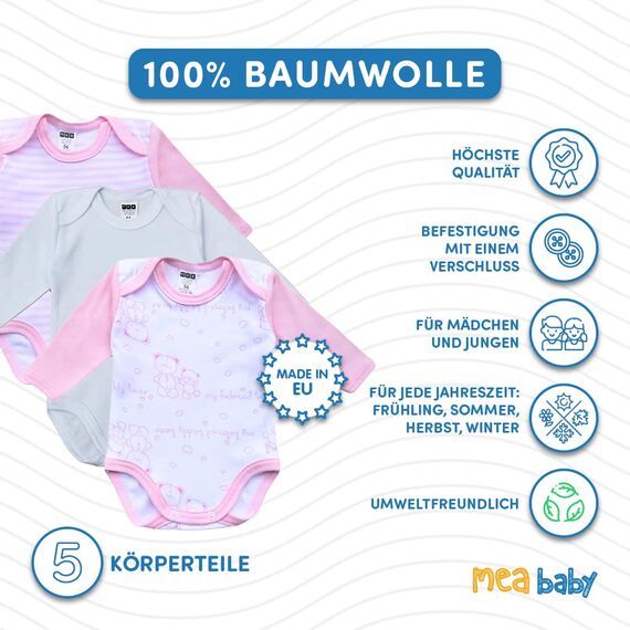 MEA BABY Unisex Baby Langarm Body aus 100% Baumwolle im 5er Pack, Baby Body mit Aufdruck für Mädchen und Jungen (68, Mädchen)