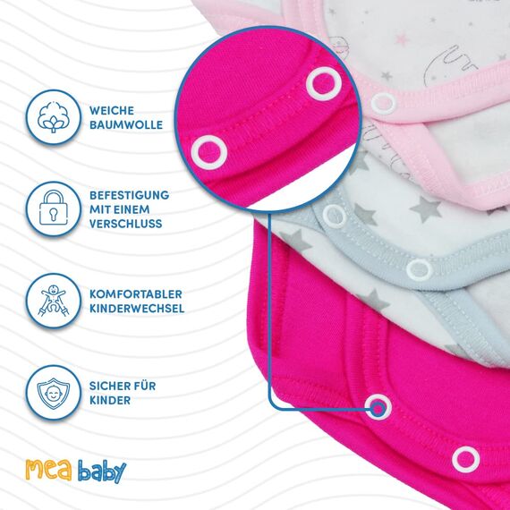 MEA BABY Unisex Langarm Body aus 100% Baumwolle im 5er Pack, Mit Aufdruck für Mädchen und Jungen (56, Mädchen 2)