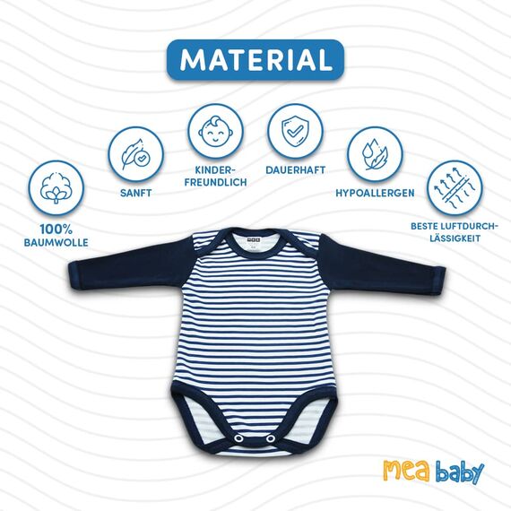 MEA BABY Unisex Langarm Body aus 100% Baumwolle im 5er Pack, Mit Aufdruck für Mädchen und Jungen (62, Jungen)