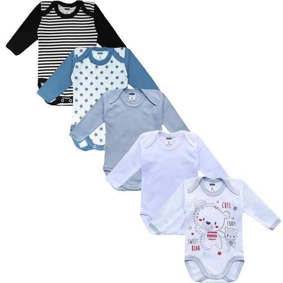 MEA BABY Unisex Langarm Body aus 100% Baumwolle im 5er Pack, Mit Aufdruck für Mädchen und Jungen (68, Jungen 2)