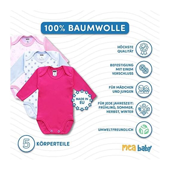 MEA BABY Unisex Langarm Body aus 100% Baumwolle im 5er Pack, Mit Aufdruck für Mädchen und Jungen (98, Mädchen 2)