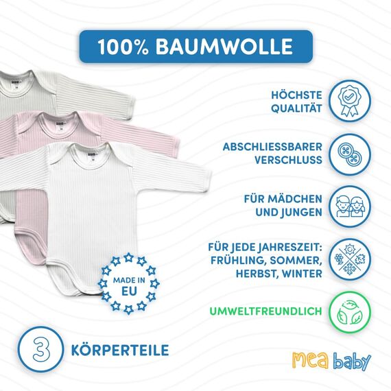 MEA BABY Unisex Langarm Body aus 100% Baumwolle im 5er Pack, Mit Aufdruck für Mädchen und Jungen (68, Mädchen 4)