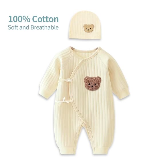 1 Pack Baby Bodysuit, 1-3 Months Neugeborenes Baby warme Baumwolle Bodysuit mit Hut, 100% Baumwolle Kleinkind Homewear verdickt Frühling und Herbst Kleidung (Beige, 1-3 Months)