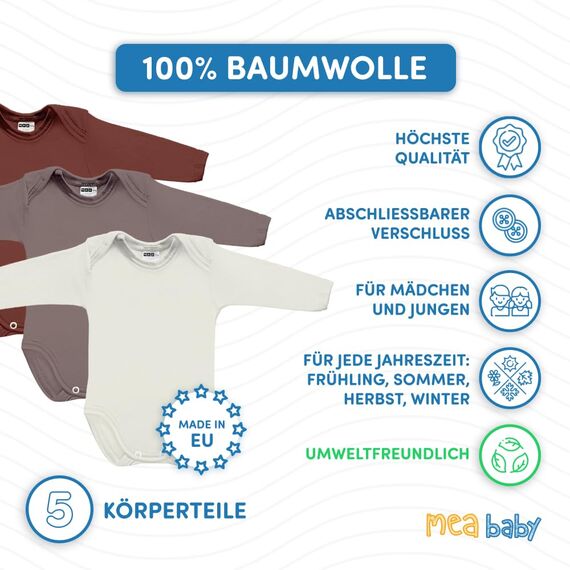 MEA BABY Unisex Baby Langarm Body aus 100% Baumwolle im 5er Pack, Baby Body mit Aufdruck für Mädchen und Jungen (68, Mädchen 3)