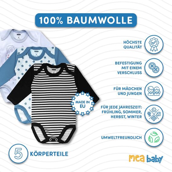 MEA BABY Unisex Langarm Body aus 100% Baumwolle im 5er Pack, Mit Aufdruck für Mädchen und Jungen (68, Jungen 2)