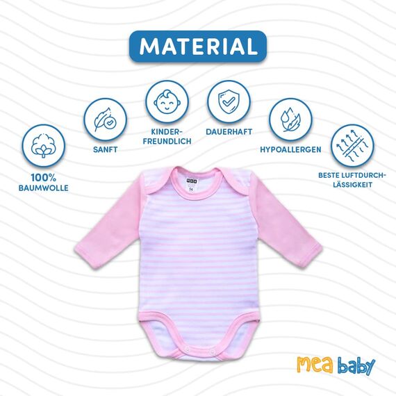MEA BABY Unisex Baby Langarm Body aus 100% Baumwolle im 5er Pack, Baumwollbody für Babys mit Aufdruck, Langarm-Babybody für Mädchen und Jungen (86, Mädchen)