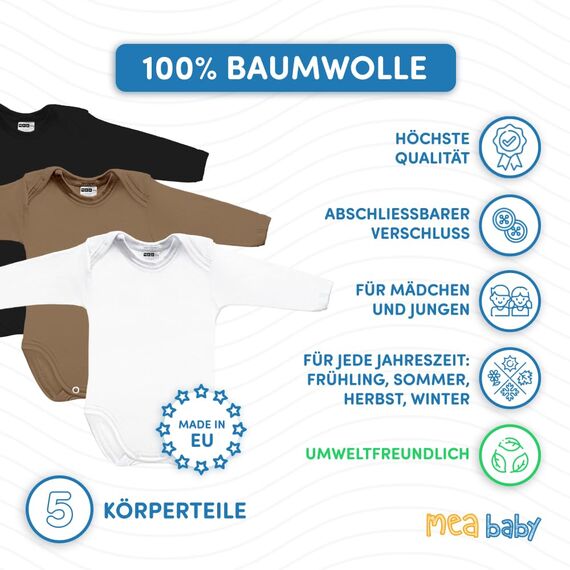 MEA BABY Unisex Langarm Body aus 100% Baumwolle im 5er Pack, Mit Aufdruck für Mädchen und Jungen (92, Jungen 3)
