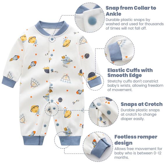 Minizone Babyschlafanzug Jungen Strampler, Baumwolle Einteiler mit Druckknöpfen - Atmungsaktiv Langlebig Weich - Ideal zum Spielen Schlafen 9-12 Monate, Planet