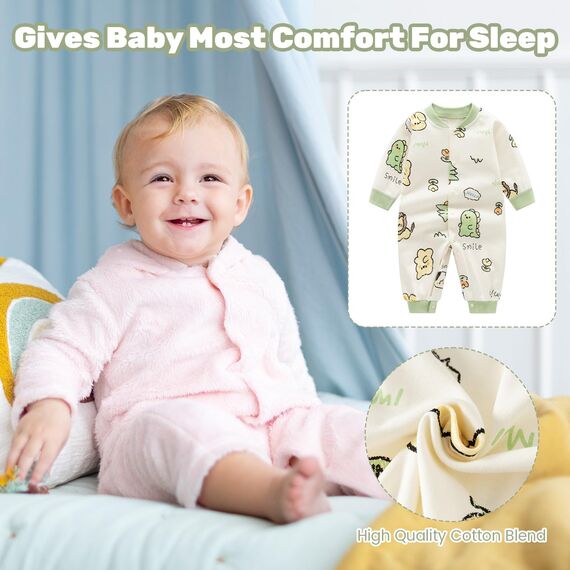 Minizone Babyschlafanzug Jungen Strampler, Baumwolle Einteiler mit Druckknöpfen - Atmungsaktiv Langlebig Weich - Ideal zum Spielen Schlafen 3-6 Monate, Dinosaurier