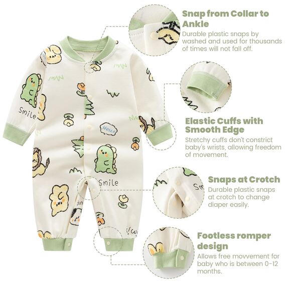Minizone Babyschlafanzug Jungen Strampler, Baumwolle Einteiler mit Druckknöpfen - Atmungsaktiv Langlebig Weich - Ideal zum Spielen Schlafen 3-6 Monate, Dinosaurier